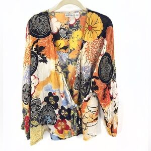 Chicos Silk Wrap Top Womens XL Retro Artsy Colorful Boho Indie Colorful Luxury